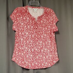 Pl Liz Claiborne Red and White Buttoned Blouse with Mandarin Collar